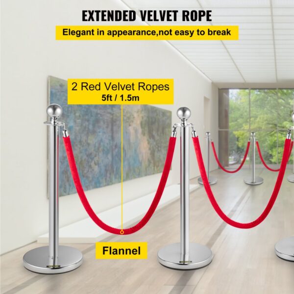 VEVOR stanchion posts with red velvet ropes displayed in an elegant, modern hallway.