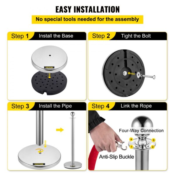 VEVOR stanchion posts assembly in 4 steps: base, bolt, pipe, and rope link. easy installation.