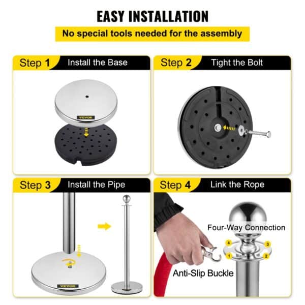 easy installation guide for VEVOR stanchion posts - install base, tighten bolt, install pipe, link rope.