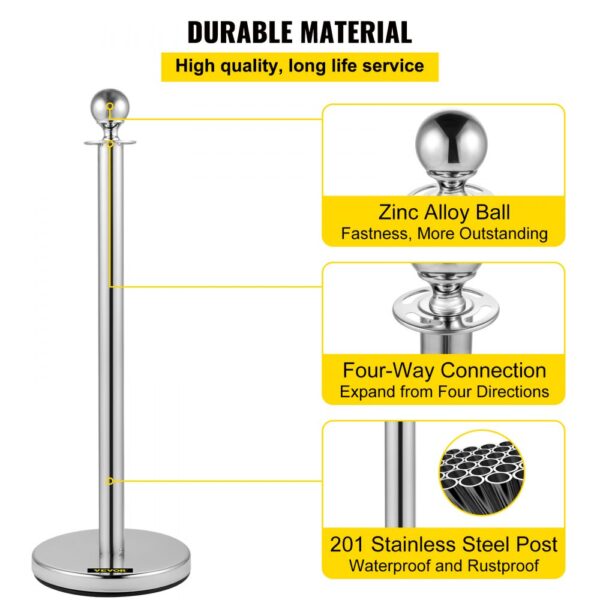 VEVOR crowd control stanchion with zinc alloy ball, four-way connection, stainless steel post.