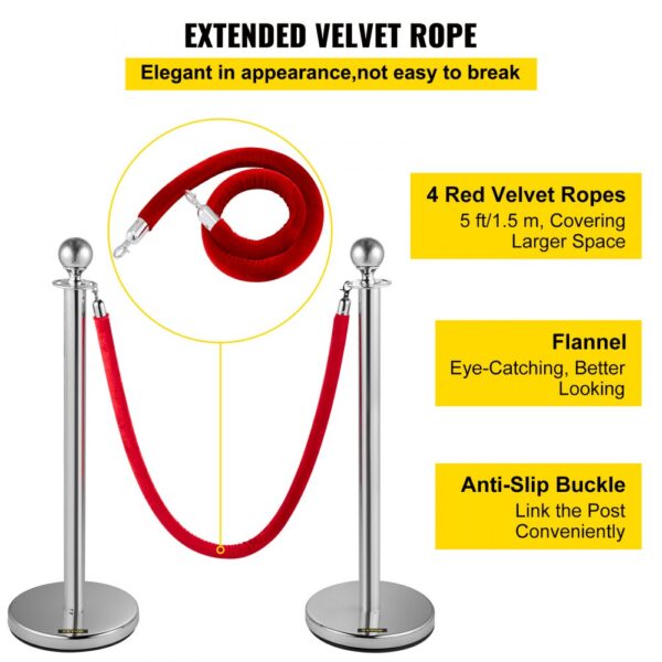 VEVOR crowd control stanchion with 4 red velvet ropes, flannel, and anti-slip buckle.