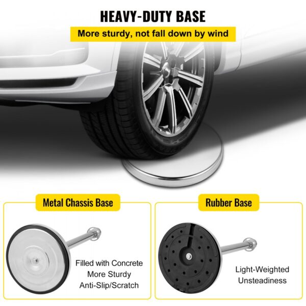 VEVOR crowd control stanchion heavy-duty base supporting a vehicle tire.