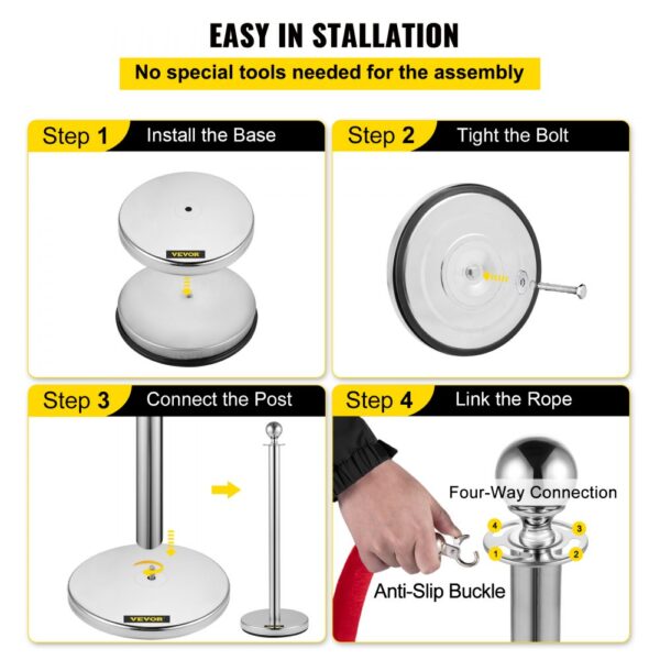 VEVOR crowd control stanchion assembly guide: install base, tighten bolt, connect post, link rope.