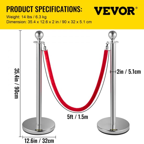 VEVOR crowd control stanchion with red velvet rope, 35.4-inch height, 12.6-inch base.