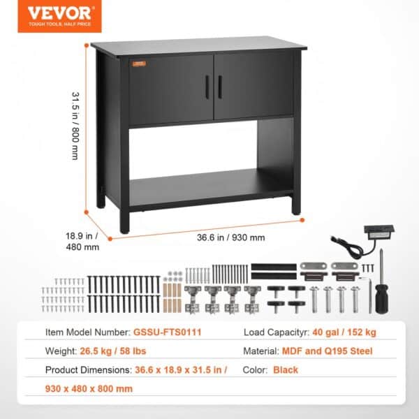 VEVOR Aquarium Stand, 40 Gallon Fish Tank Stand, 36.6 x 18.9 x 31.5 in Steel and MDF Turtle Tank Stand, 335 lbs Load Capacity, Reptile Tank Stand with Storage Cabinet and Embedded Power Panel, Black