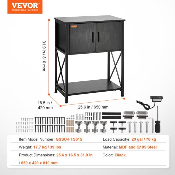 VEVOR Aquarium Stand, 20 Gallon Fish Tank Stand, 25.6 x 16.5 x 31.9 in Steel and MDF Turtle Tank Stand, 167.6 lbs Load Capacity, Reptile Tank Stand with Storage Cabinet and Embedded Power Panel, Black