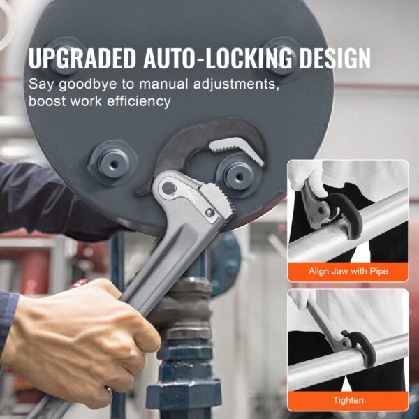 upgraded auto-locking VEVOR pipe wrench tightening a pipe, boosting work efficiency with manual adjustment elimination.