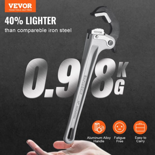 VEVOR pipe wrench 40% lighter, 0.98kg, with aluminum alloy handle for easy carrying and fatigue-free use.