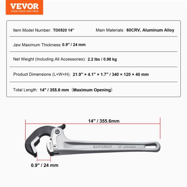 VEVOR pipe wrench specifications: 14-inch, 60crv aluminum alloy, 0.9" jaw, 2.2 lbs, 21.9"x4.1"x1.7".