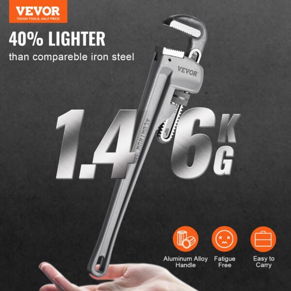 VEVOR pipe wrench, 1.46 kg, 40% lighter than comparable iron steel, aluminum alloy handle.