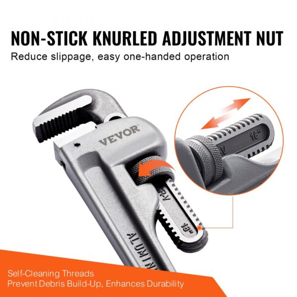 VEVOR pipe wrench with non-stick knurled adjustment nut, easy one-handed operation, self-cleaning threads.