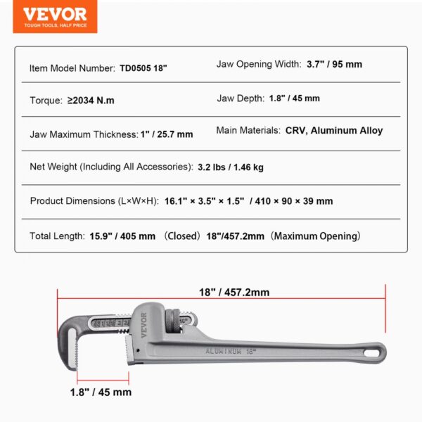 VEVOR pipe wrench, td0505 18", crv aluminum alloy, 3.7" jaw width, 15.9" total length, 2034 n.m torque.