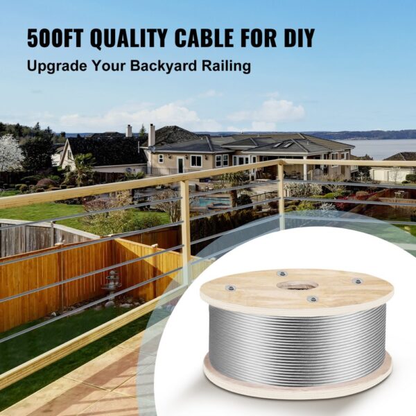 VEVOR stainless steel wire rope for diy backyard railing, 500ft spool with scenic view.