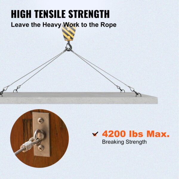 VEVOR stainless steel wire rope lifting concrete slab, max breaking strength 4200 lbs.