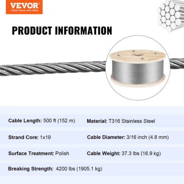 VEVOR stainless steel wire rope, 500ft, 3/16 inch, t316, 4200 lbs strength.