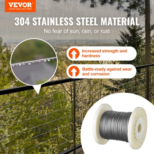 VEVOR wire rope kit with 304 stainless steel material, resistant to sun, rain, rust, wear, and corrosion.