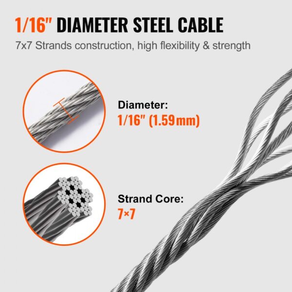 VEVOR wire rope kit 1/16" diameter steel cable, 7x7 strands, high flexibility & strength.