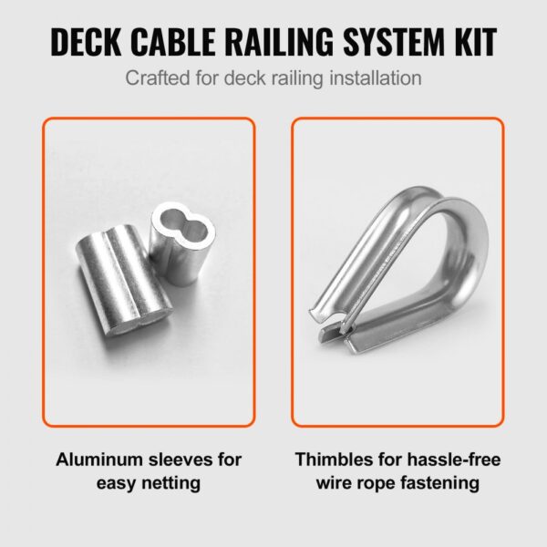 aluminum sleeves and thimbles in the VEVOR wire rope kit for deck cable railing system installation.