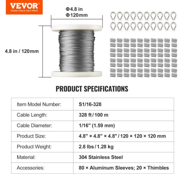 VEVOR wire rope kit with 328ft stainless steel cable, 80 aluminum sleeves, 20 thimbles, s1/16-328.