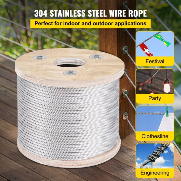 VEVOR stainless steel cable railing spool for indoor and outdoor use on a wooden deck.