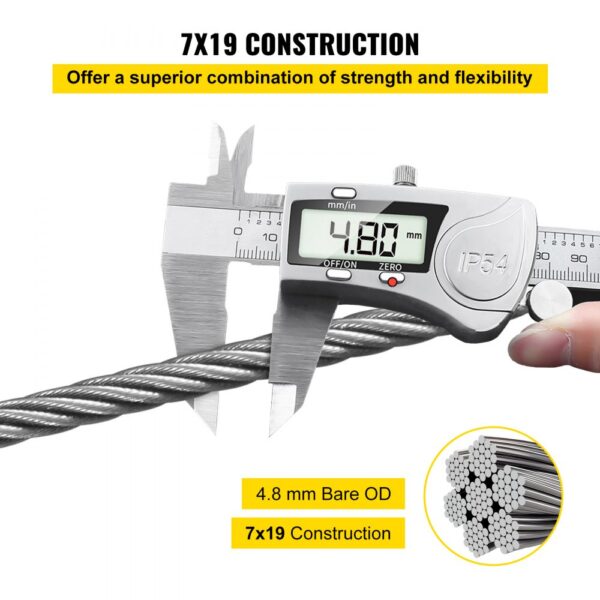 caliper measuring VEVOR stainless steel cable railing diameter at 4.8mm with 7x19 construction.