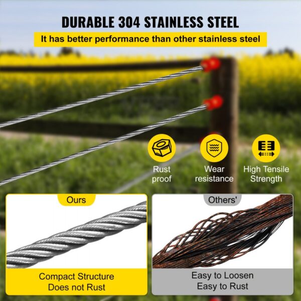 VEVOR stainless steel cable railing in a field showcasing rustproof, wear resistance, and high tensile strength.