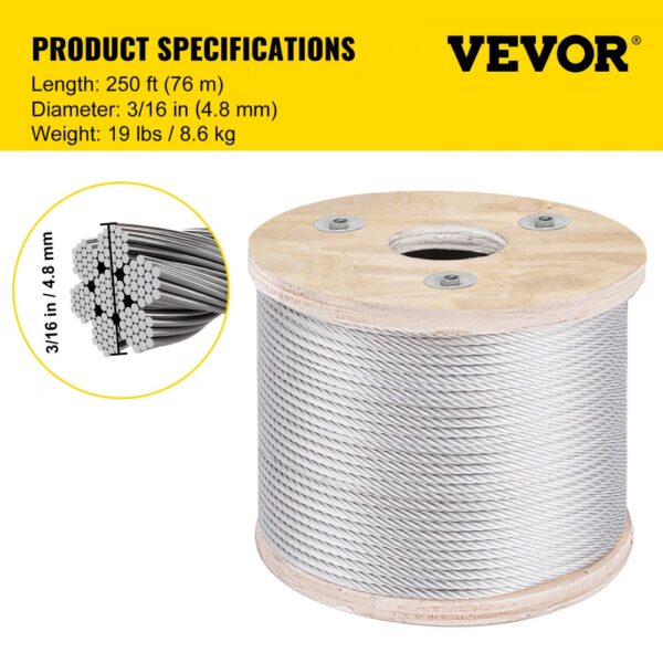 VEVOR stainless steel cable railing, 250ft, 3/16in diameter, 19lbs spool