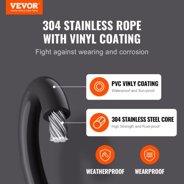 VEVOR vinyl coated wire rope kit with 304 stainless steel core, pvc coating, weatherproof and wearproof.