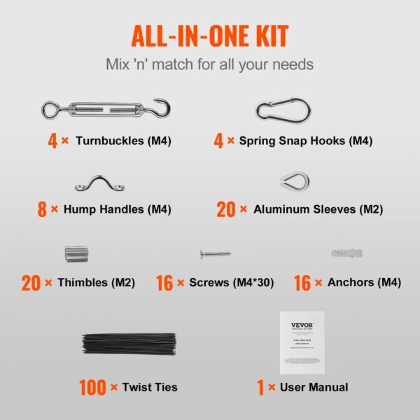 VEVOR vinyl coated wire rope kit with turnbuckles, snap hooks, handles, sleeves, thimbles, and more.