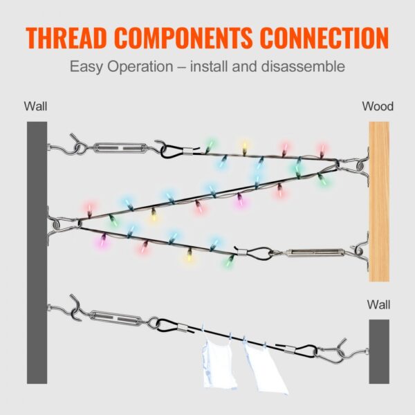 VEVOR vinyl coated wire rope kit displaying connection components with lights and hanging clothes.