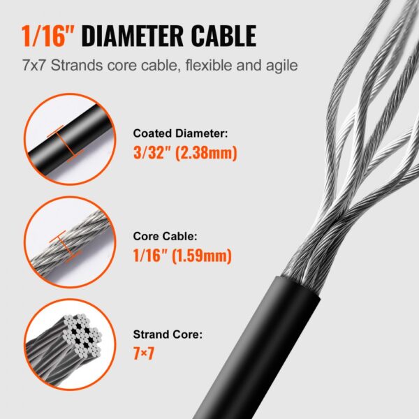 VEVOR vinyl coated wire rope kit, 1/16" core cable with 7x7 strand and 3/32" coated diameter.