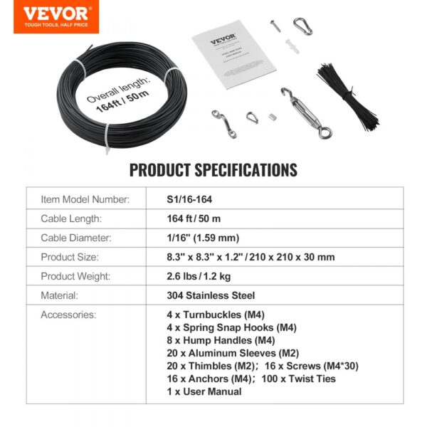 VEVOR vinyl coated wire rope kit, 164ft, 1/16" diameter, stainless steel, with accessories and manual.