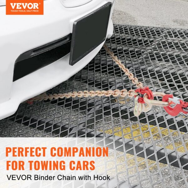 VEVOR binder chain with hook securing a car front bumper on a metal grid surface.