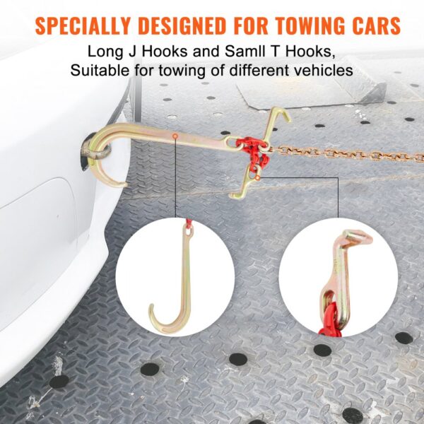 VEVOR v-chain bridle attached to a car with long j hooks and t hooks for secure towing.