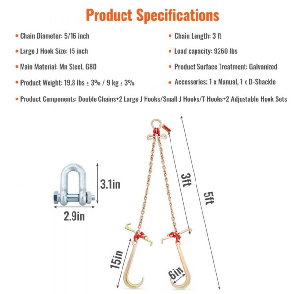 VEVOR v-chain bridle specifications: 5/16-inch chain diameter, 3 ft length, 9260 lbs capacity, mn steel.