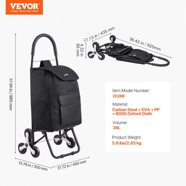 VEVOR Stair Climbing Cart Foldable Shopping Cart 36L with Storage Bag 6 Wheels