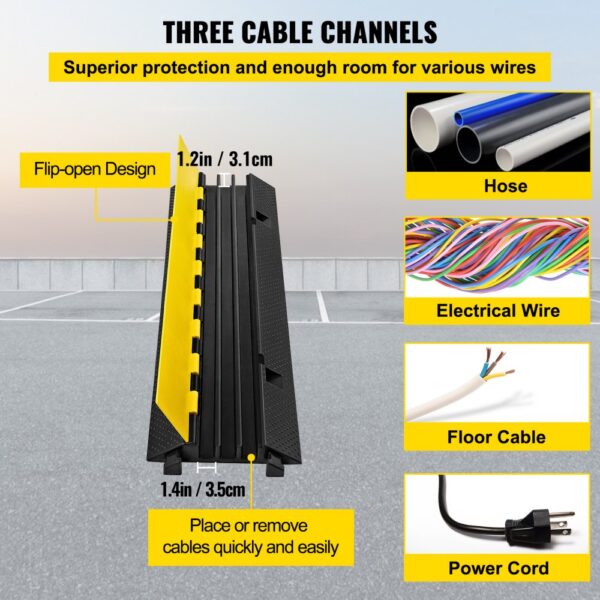 VEVOR cable protector ramp with three channels for hose, electrical wire, floor cable, and power cord.