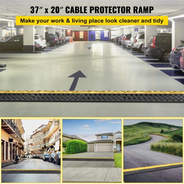 VEVOR cable protector ramps in parking garage, city street, driveway, and road scene.