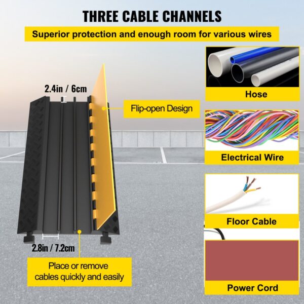 VEVOR cable protector ramps with 3 channels, flip-open design, and labels for various wires.