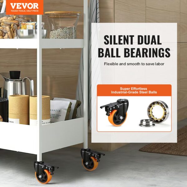 silent dual ball bearings on VEVOR caster wheels, shown on a storage cart with industrial-grade steel balls.