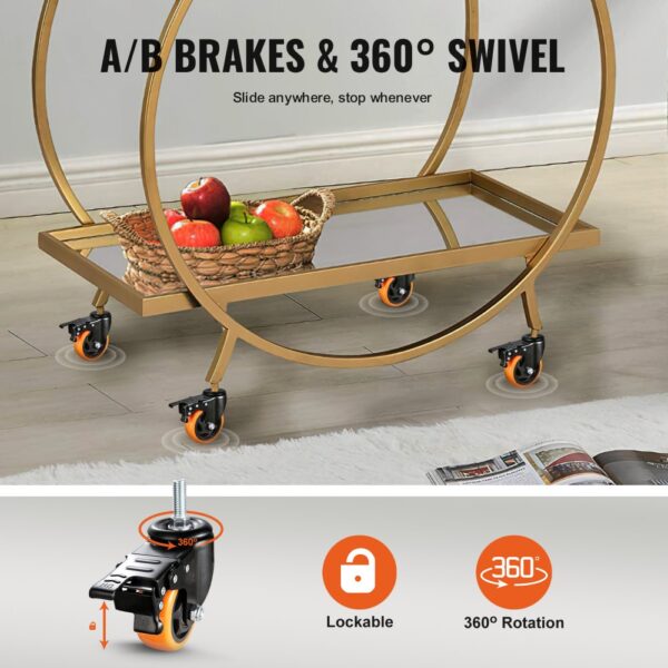 gold cart with VEVOR caster wheels featuring a/b brakes, 360° swivel, lockable, and 360° rotation highlights.