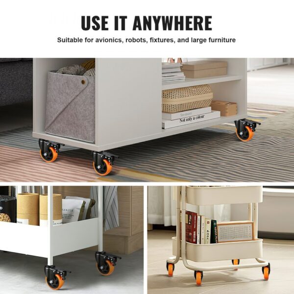 VEVOR caster wheels on white furniture and shelves, showcasing versatility and smooth mobility.