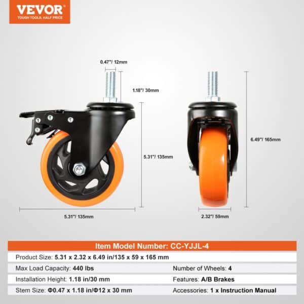 VEVOR caster wheels with orange rubber, black frame, dimensions, and load capacity details displayed.