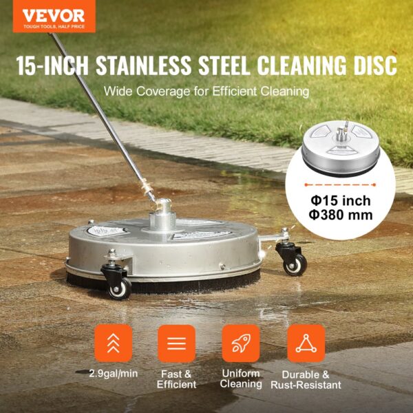 VEVOR pressure washer surface cleaner on wet pavement, 15-inch stainless steel cleaning disc.