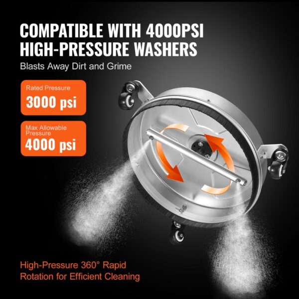 VEVOR pressure washer surface cleaner compatible with 4000 psi, high-pressure 360° rotation for cleaning.