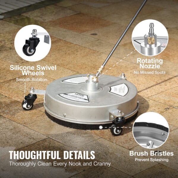 VEVOR pressure washer surface cleaner with rotating nozzle, silicone swivel wheels, and brush bristles.