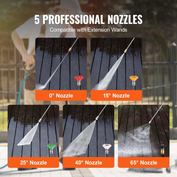 5 professional nozzles for VEVOR pressure washer surface cleaner, including 0°, 15°, 25°, 40°, and 65°.