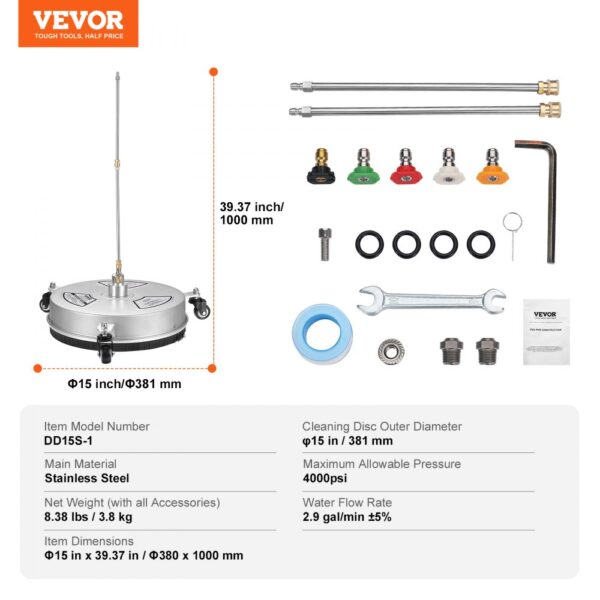 VEVOR pressure washer surface cleaner with accessories, dimensions, and specifications detailed.