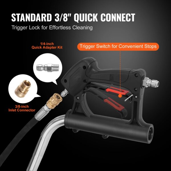 VEVOR pressure washer surface cleaner with standard 3/8" quick connect and trigger lock for cleaning.