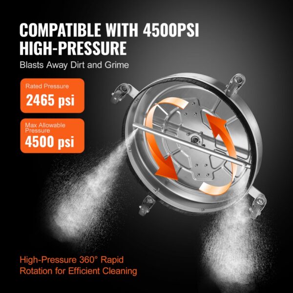 VEVOR pressure washer surface cleaner, 4500 psi max, 360° rapid rotation for efficient cleaning.